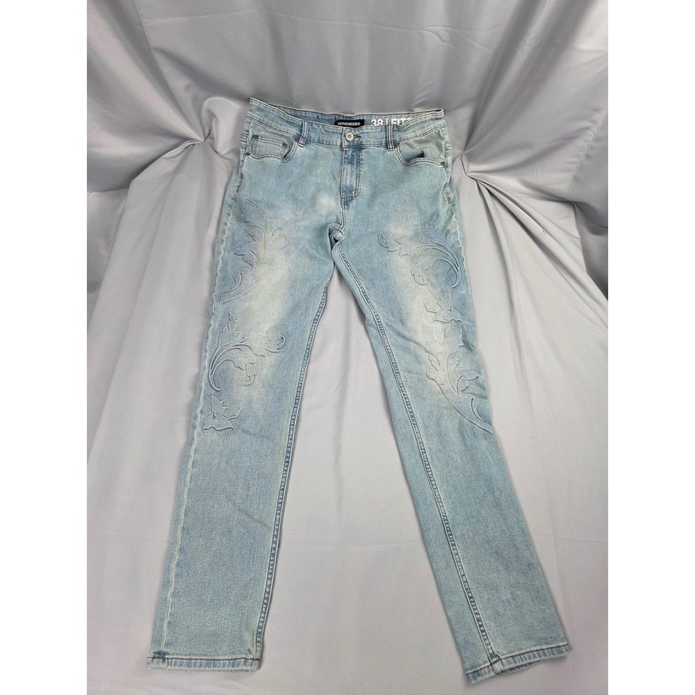Serenede Mens Rome Light Wash Floral Filigree Embroidered Fitted Jeans Size 38